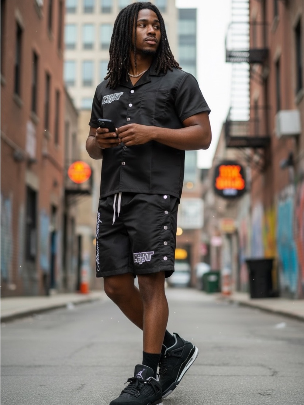 2piece Concept  Black Short Sleeve Button Shirt & Shorts Set